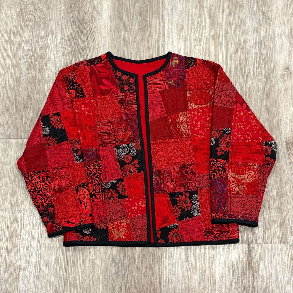 RARE Vintage 80s 90s Handmade Quilt Jacket Women's Size Large Red Patchwork